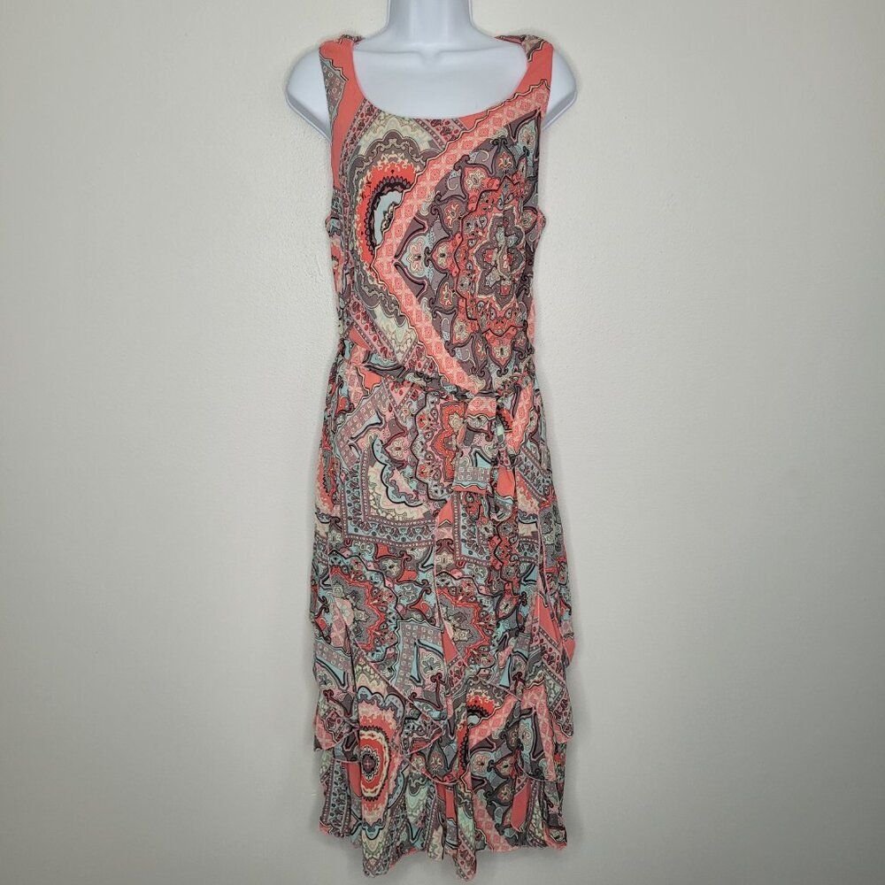 Vintage y2k 90s peach blue mixed print asymmetrical hem tie belt dress size 16w